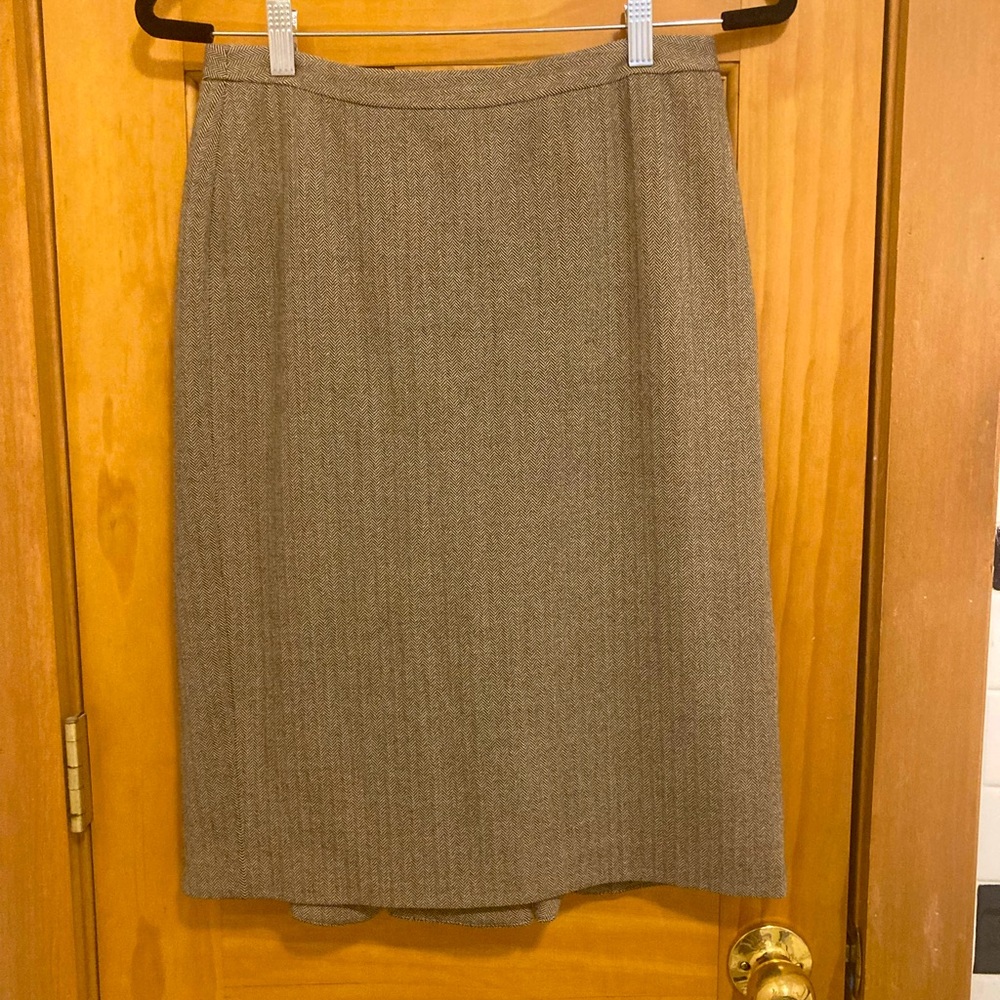 Classic tan cotton skirt (with stretch) and with front kick pleat.